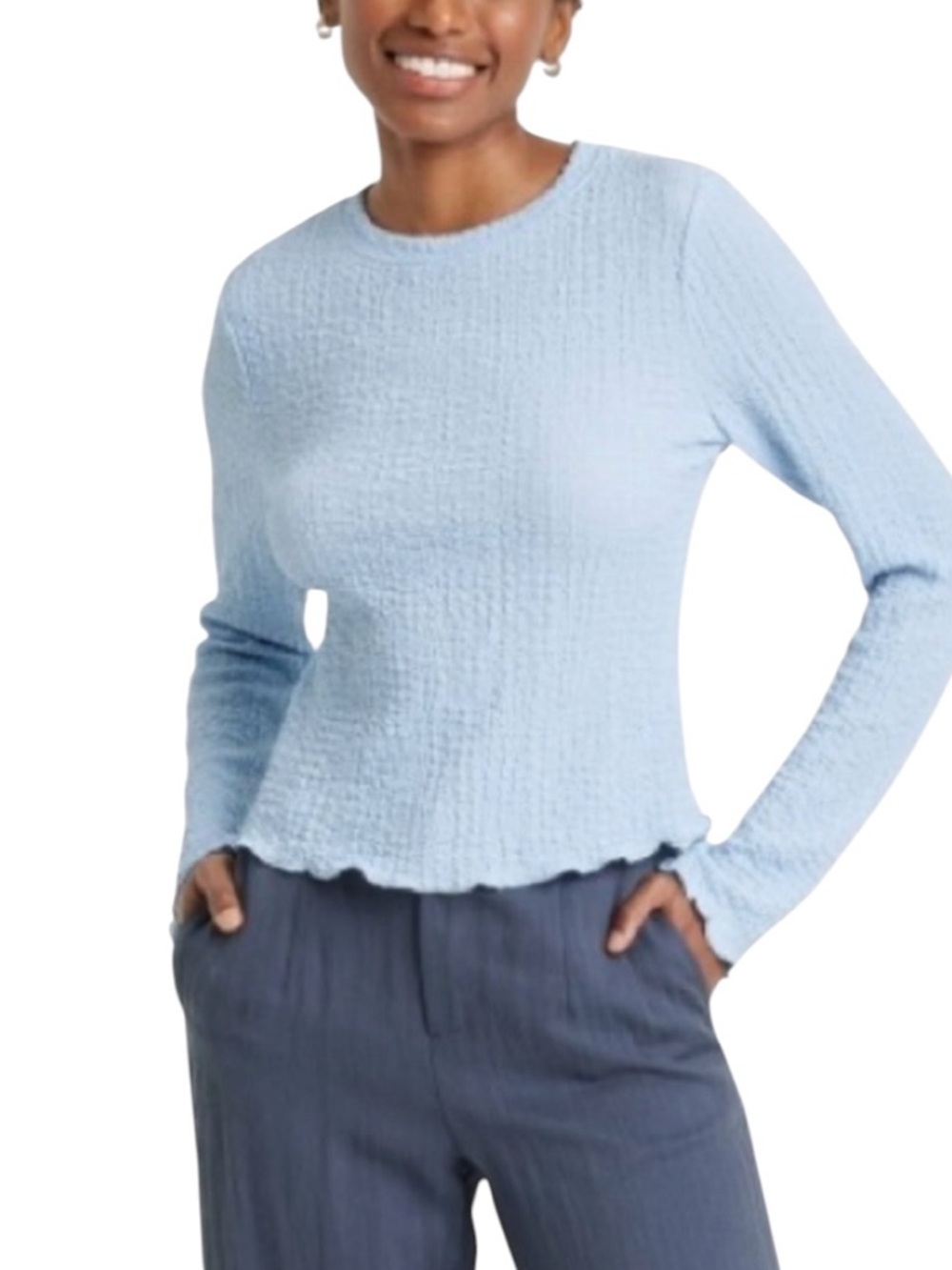Blue Crinkle Textured Top XXL Lightweight Long Sleeve Stretch Cottagecore
